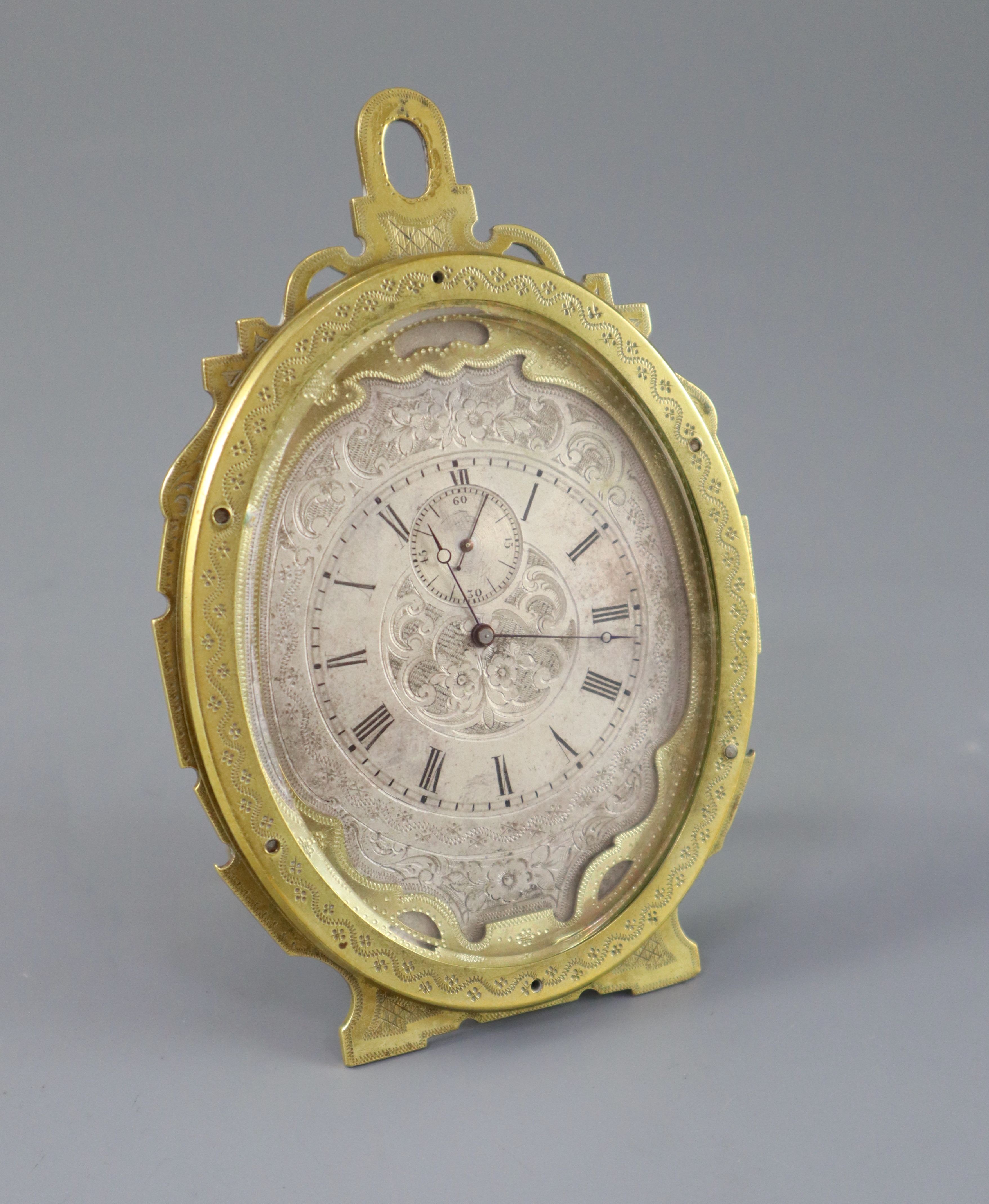 An early Victorian gilt brass strut timepiece, in the manner of Thomas Cole, height 5in.